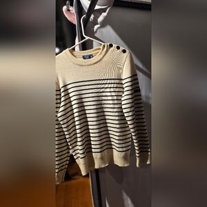 Men's Cream and Black Striped Crewneck Sweater